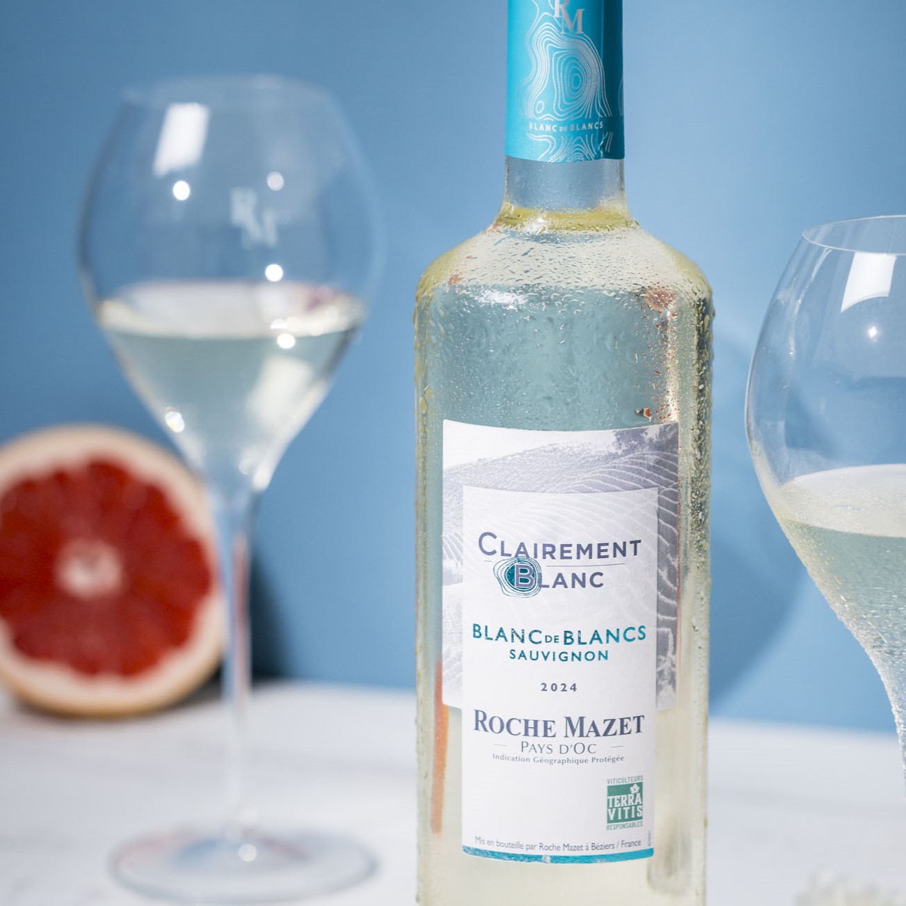 Bouteille de vin blanc Clairement blanc de Roche Mazet aromes agrumes pamplemousse citron