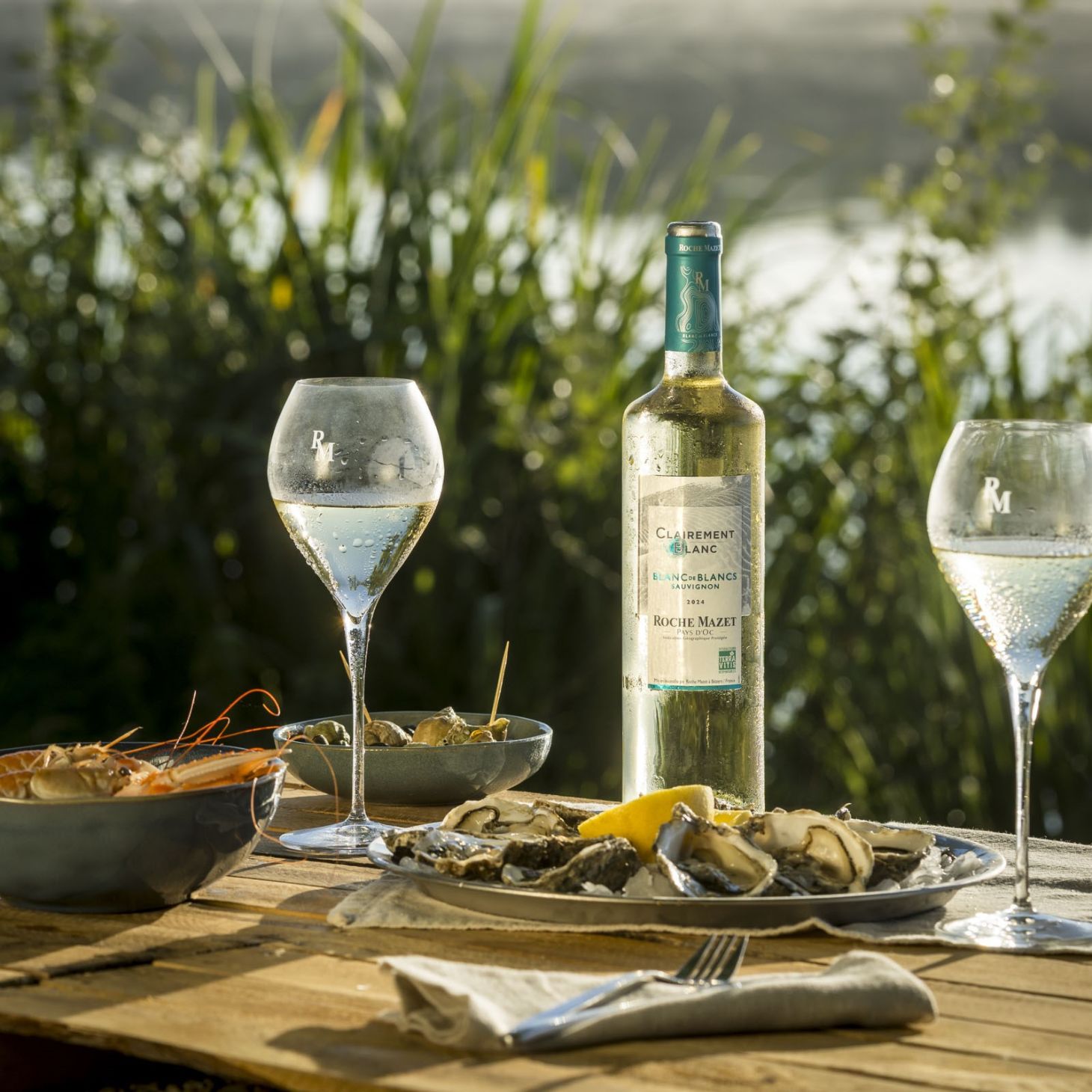 Dégustation de vin blanc Clairement Blanc Roche Mazet avec fruits de mer
